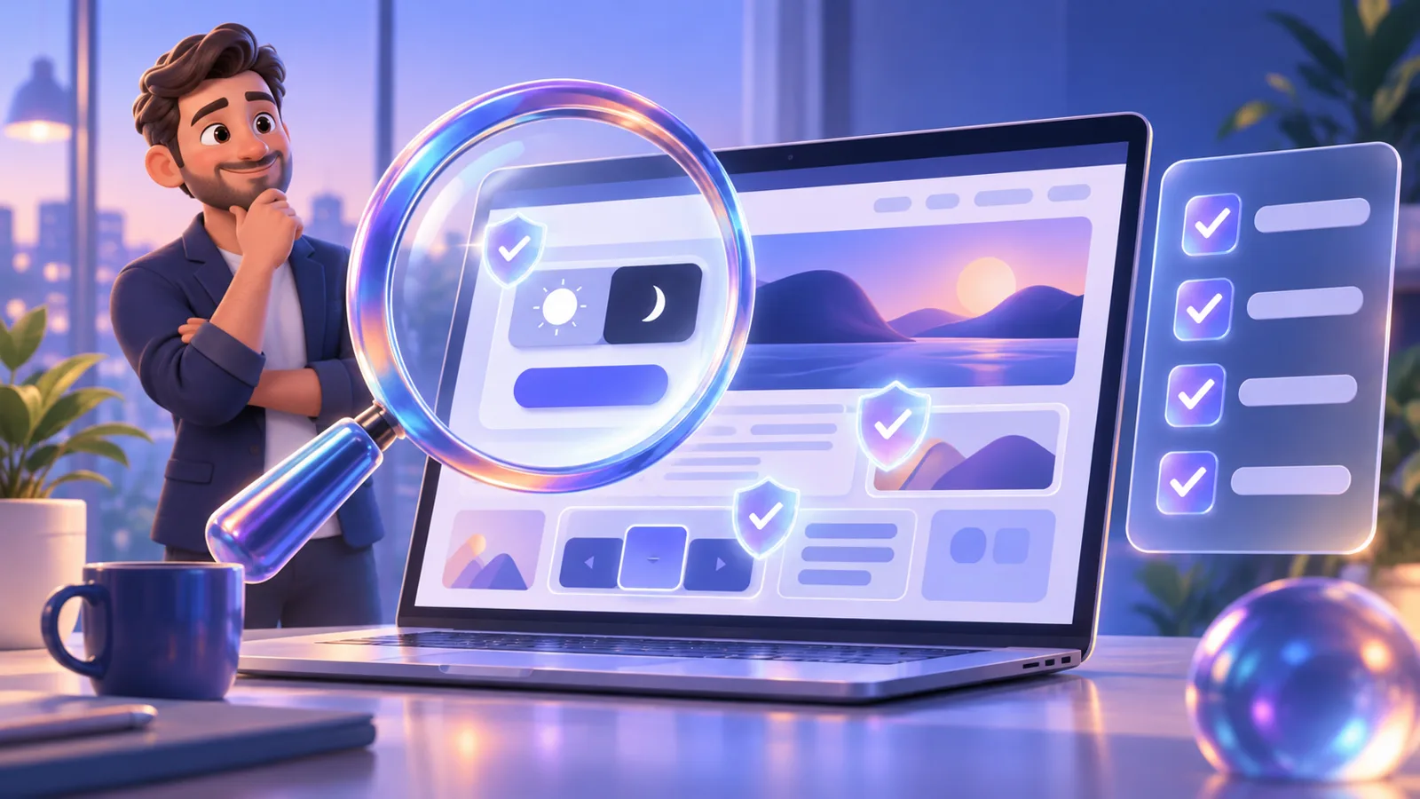 A magnifying glass inspects a website page with a compliance shield and a checklist