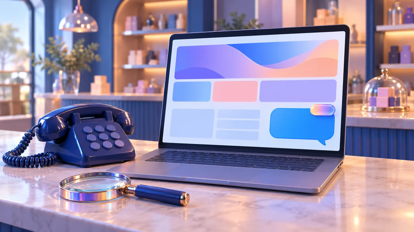 A blue chat bubble with a small glowing label sitting on a computer screen, in front of a shop counter
