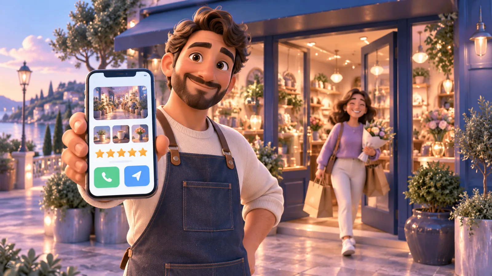 A shop owner shows their business profile with photos and five stars on a smartphone