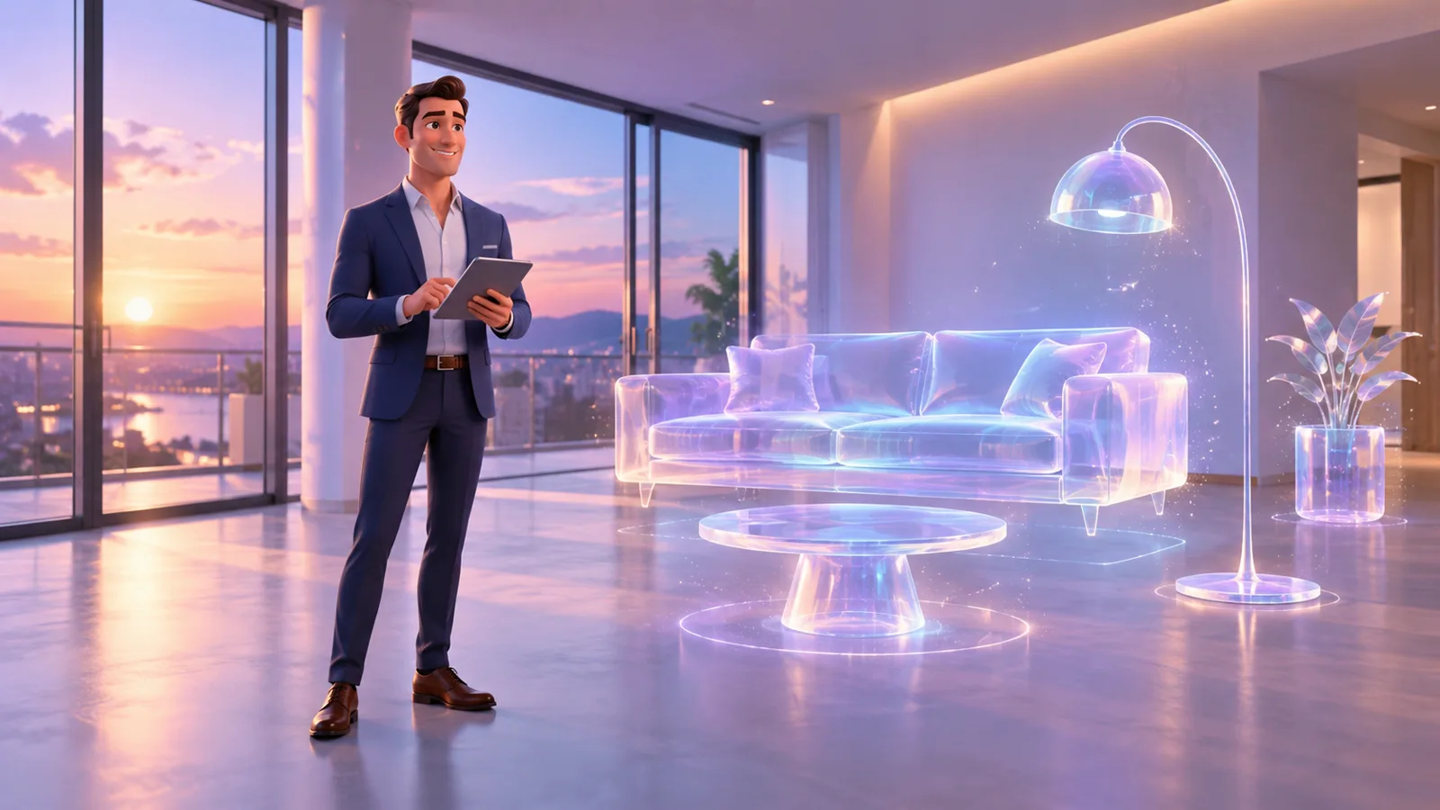 A real estate agent in an empty apartment sees virtual furniture appear around them