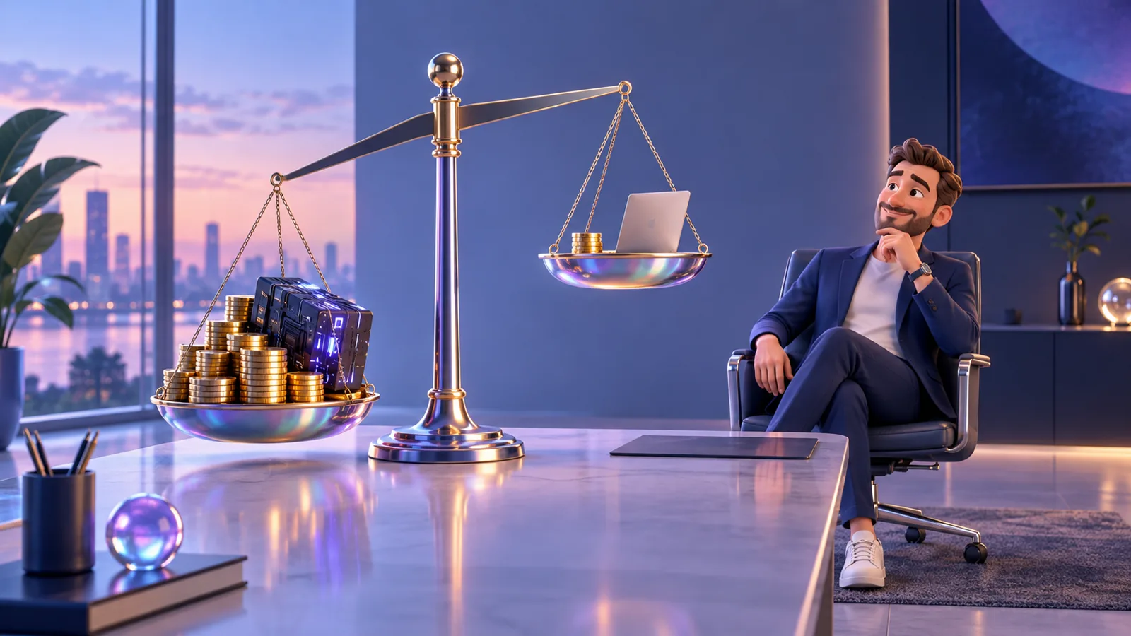 A scale compares a big pile of coins with a small, light laptop