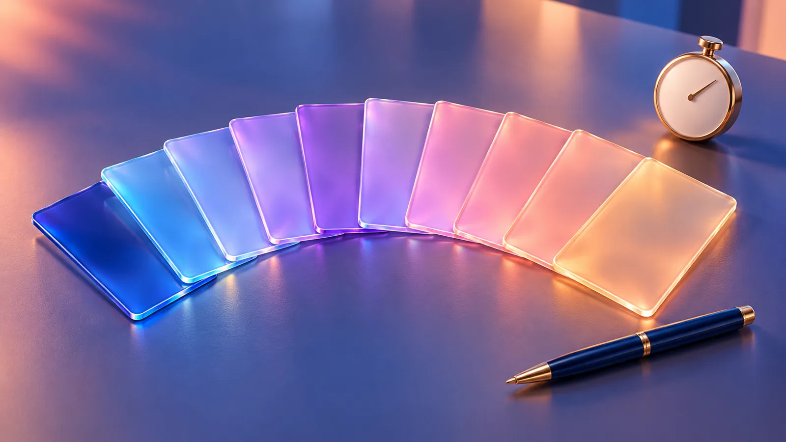 Ten translucent cards fanned out on a table, each lit in a different color, with a pen lying beside them