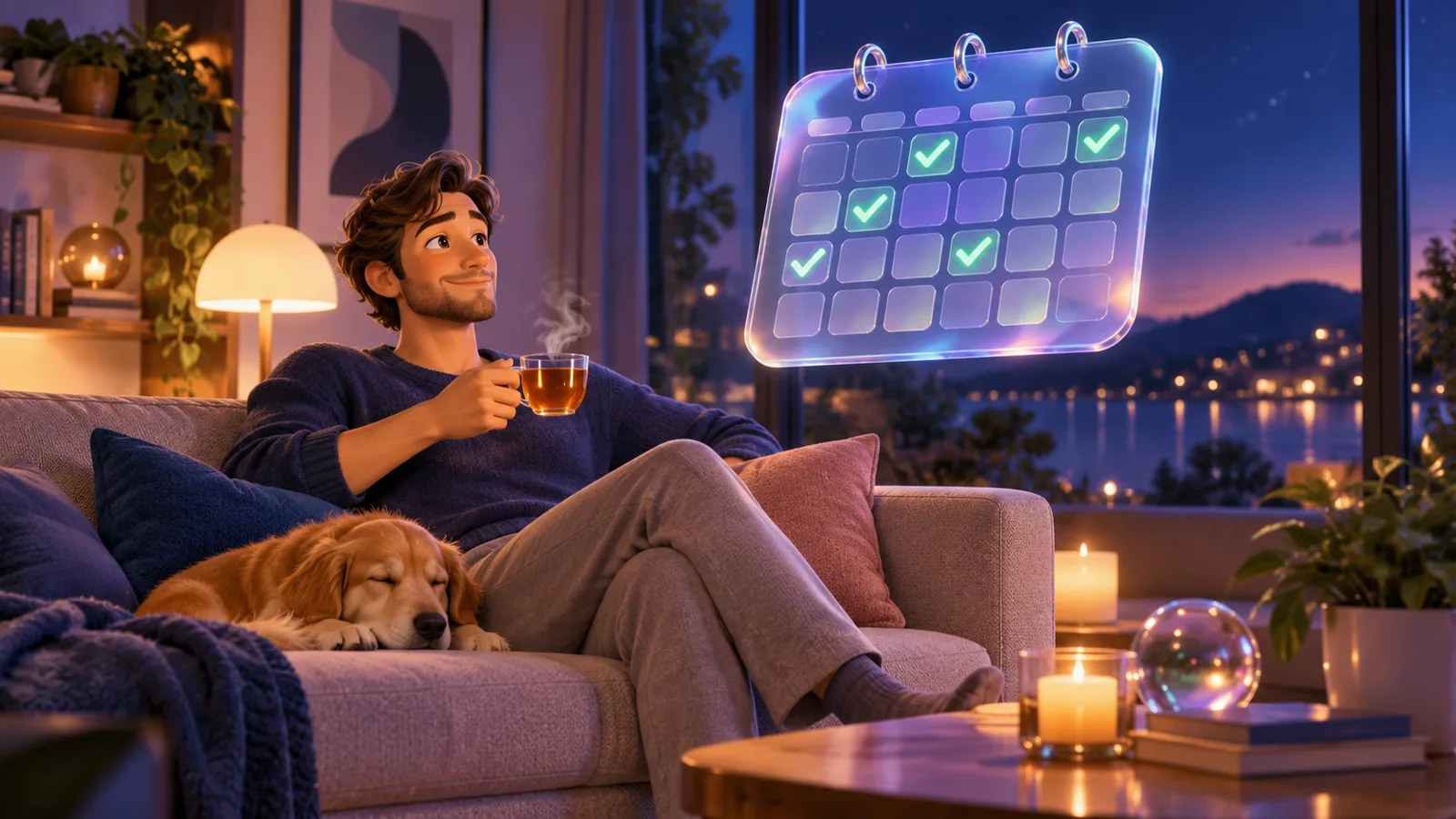 A relaxed consultant in the evening while their calendar fills with confirmed meetings
