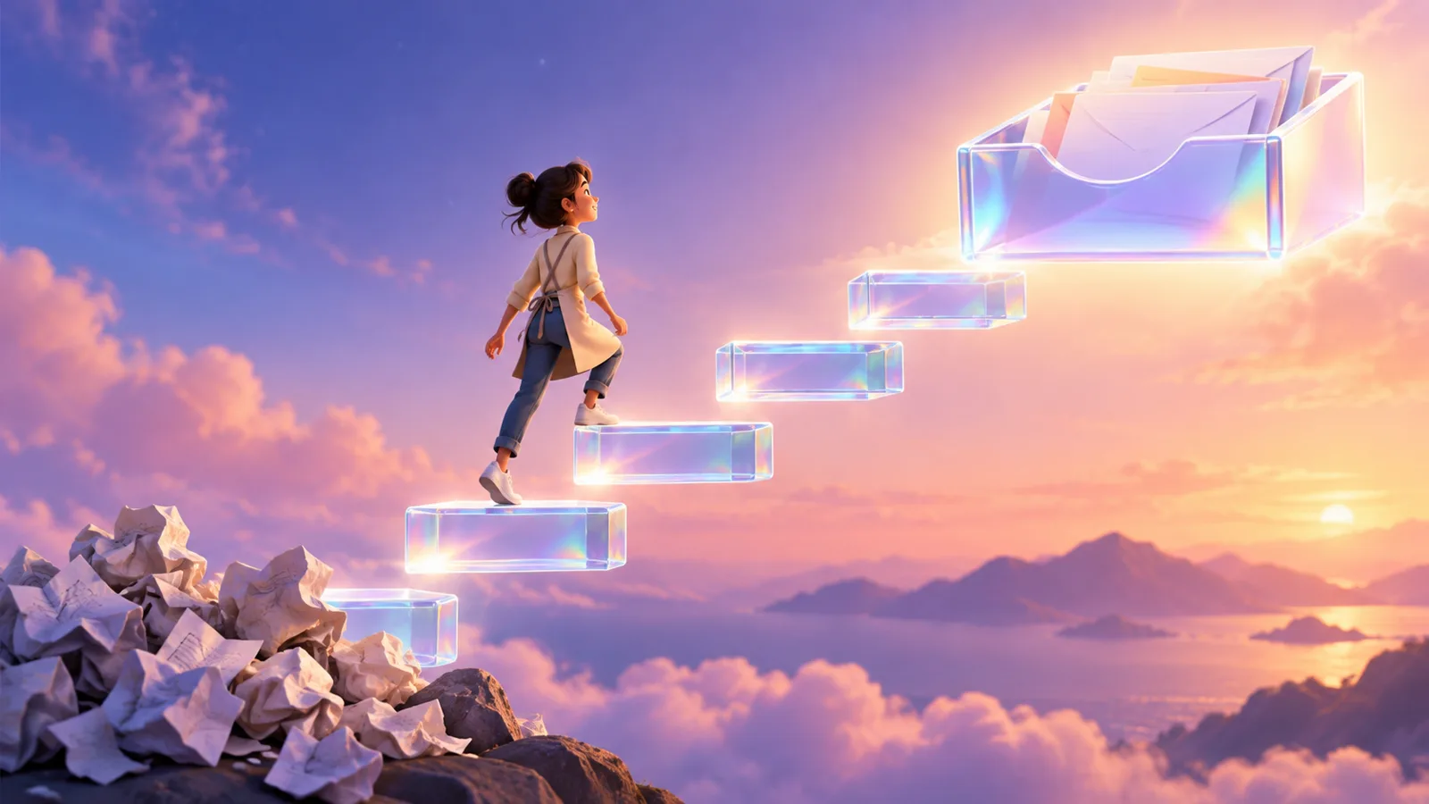 A glowing path of five steps leads from a pile of paper to a neatly organized digital inbox