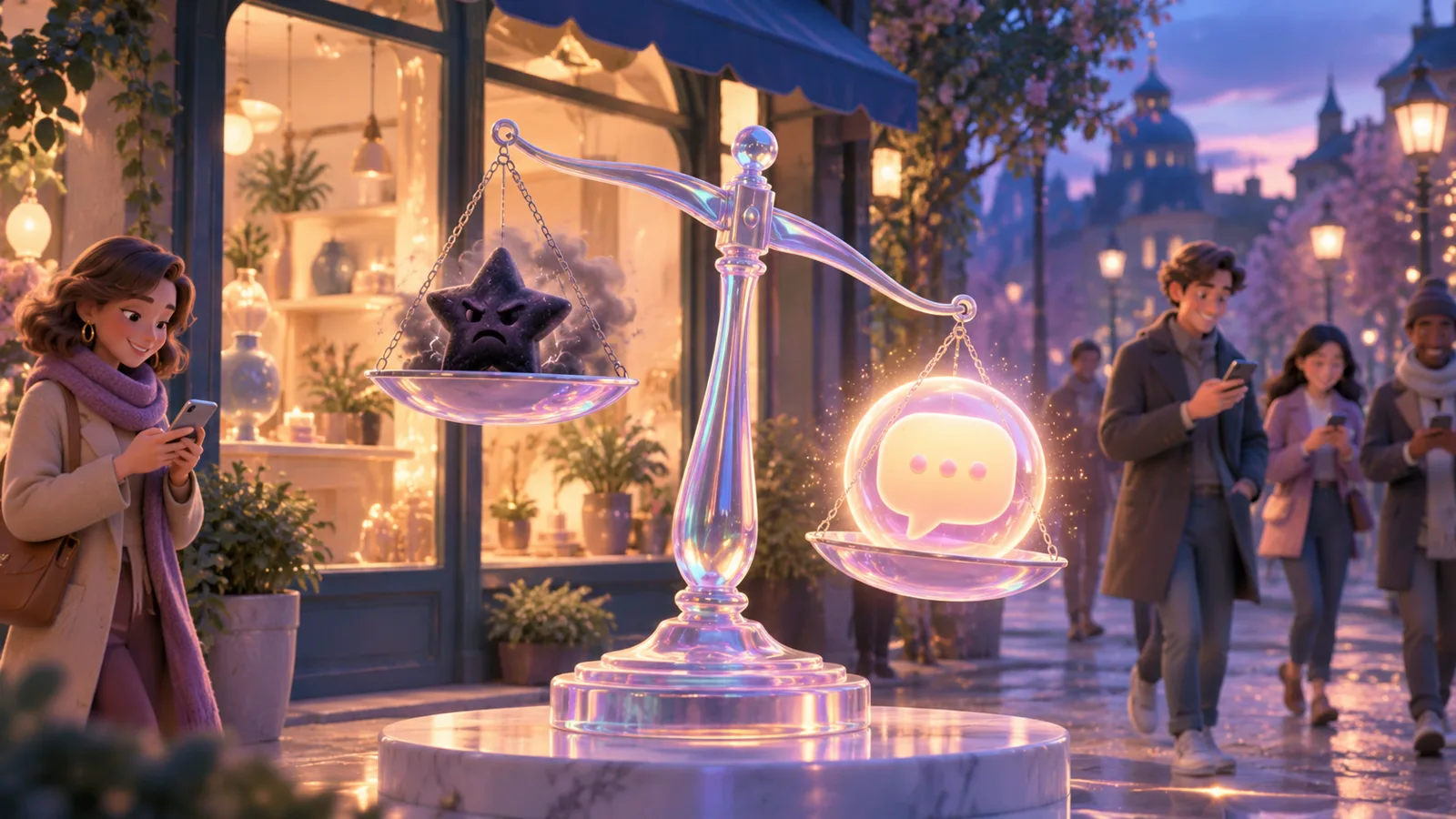 An iridescent glass scale weighs a dark star against a polite, glowing reply in front of a shop window
