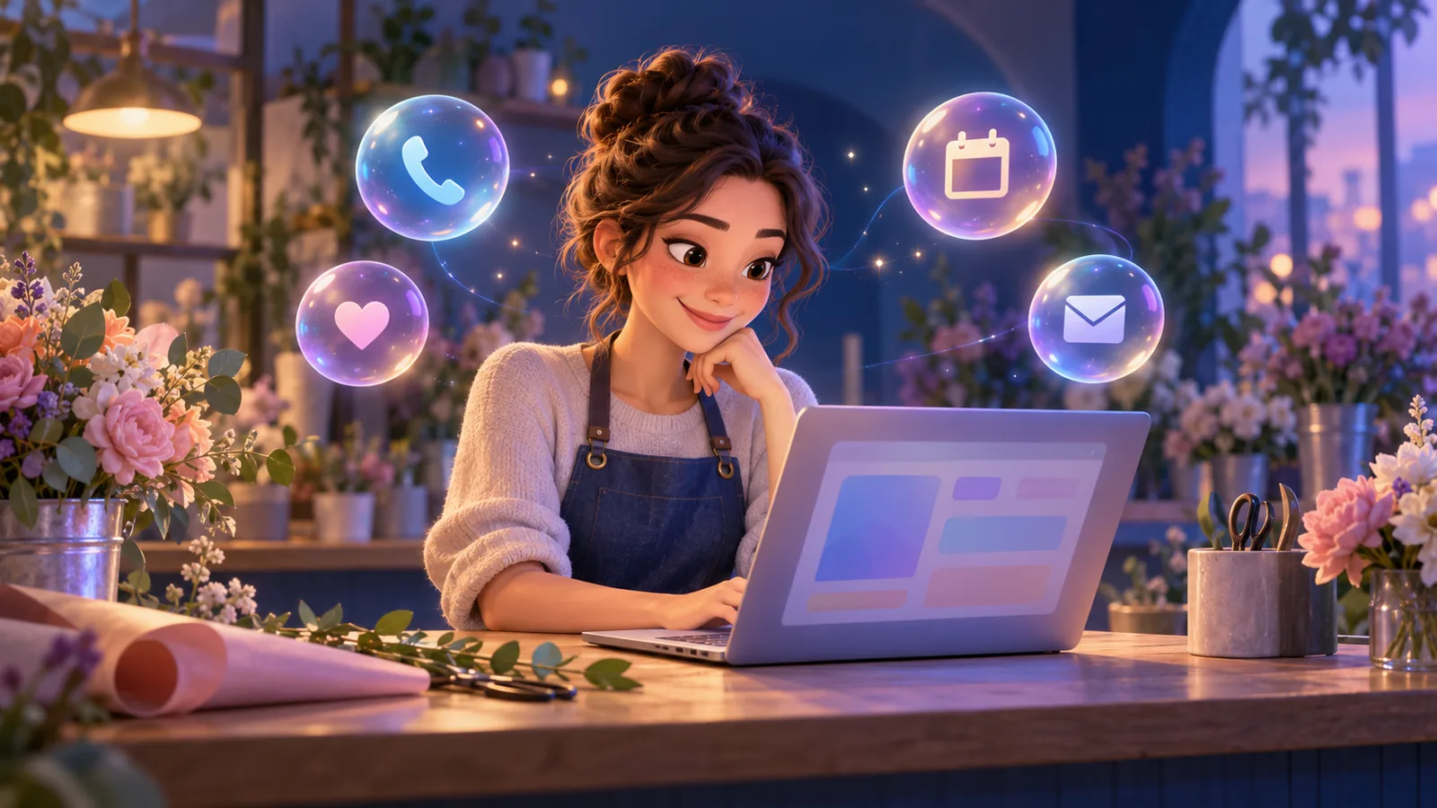 A florist receives messages from new customers around her laptop